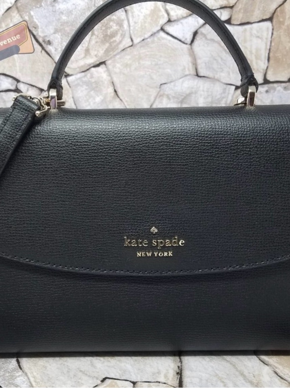 kate spade black leather top-handle satchel with gold logo